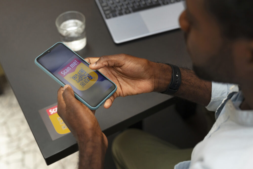 A customer scanning a digital payment code to verify the Merchant ID at a restaurant table.