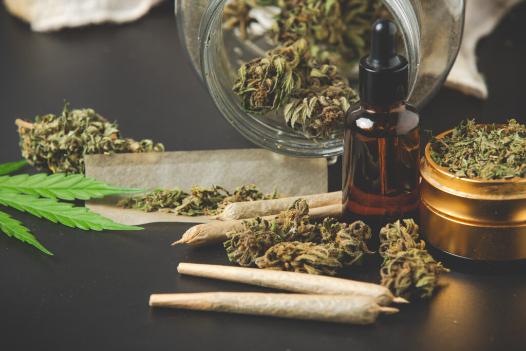 An assortment of legal marijuana products requiring specialized Cannabis Payment Processing Companies.